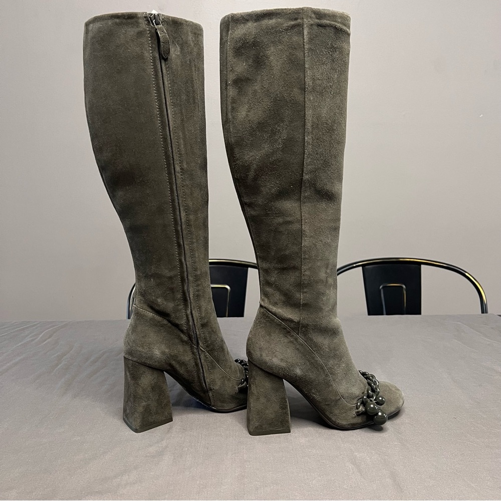 Women's Knee-High Suede Block Heel Boots in Dark Olive - Picture 6 of 15
